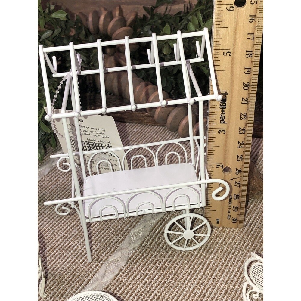6 Pcs Miniatures White Metal Flower Cart, 2 Pedestals, Metal Chair and 2 Tables - Picture 12 of 16